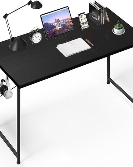 YSSOA Computer Desk Home Office Work Study Writing Modern Simple Table with Headphone Hooks, 47 Inch, Basic Black - LeafyLoom