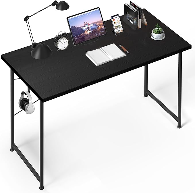 YSSOA Computer Desk Home Office Work Study Writing Modern Simple Table with Headphone Hooks, 47 Inch, Basic Black - LeafyLoom