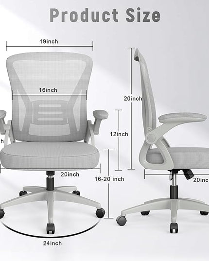naspaluro Ergonomic Office Chair, Mid Back Desk Chair with Adjustable Height, Swivel Chair with Flip-Up Arms and Lumbar Support, Breathable Mesh Computer Chair for Home/Study/Working, Grey - LeafyLoom