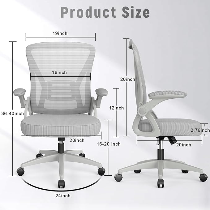 naspaluro Ergonomic Office Chair, Mid Back Desk Chair with Adjustable Height, Swivel Chair with Flip-Up Arms and Lumbar Support, Breathable Mesh Computer Chair for Home/Study/Working, Grey - LeafyLoom