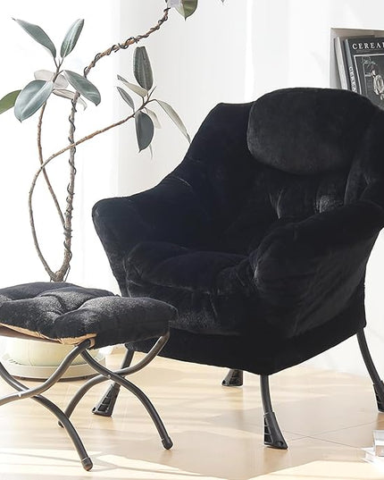 Plush Lazy Chair and Ottoman, Large Contemporary Accent Lounge Chair with Armrests and a Side Pocket, Modern Leisure Upholstered Sofa Reading Armchair with Footrest for Bedroom, Living Room - LeafyLoom