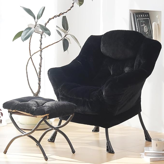 Plush Lazy Chair and Ottoman, Large Contemporary Accent Lounge Chair with Armrests and a Side Pocket, Modern Leisure Upholstered Sofa Reading Armchair with Footrest for Bedroom, Living Room - LeafyLoom
