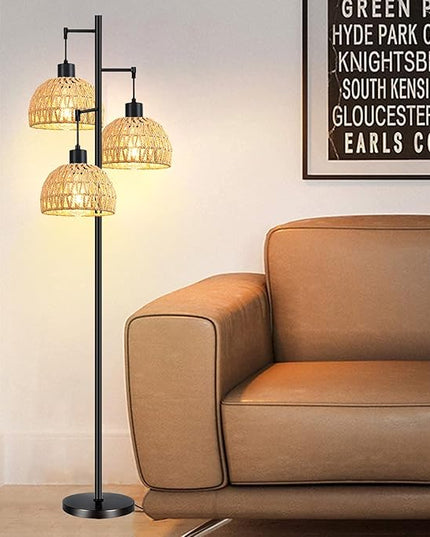 Tree 3-Lights Floor Lamp for Living Room,Bedroom,Rattan Boho Floor Lights,Industrial Black Farmhouse Standing Lamp Wicker Rustic Adjustable Tall Lamp,Woven Bamboo LampShade Floor Lamps Bohemian - LeafyLoom