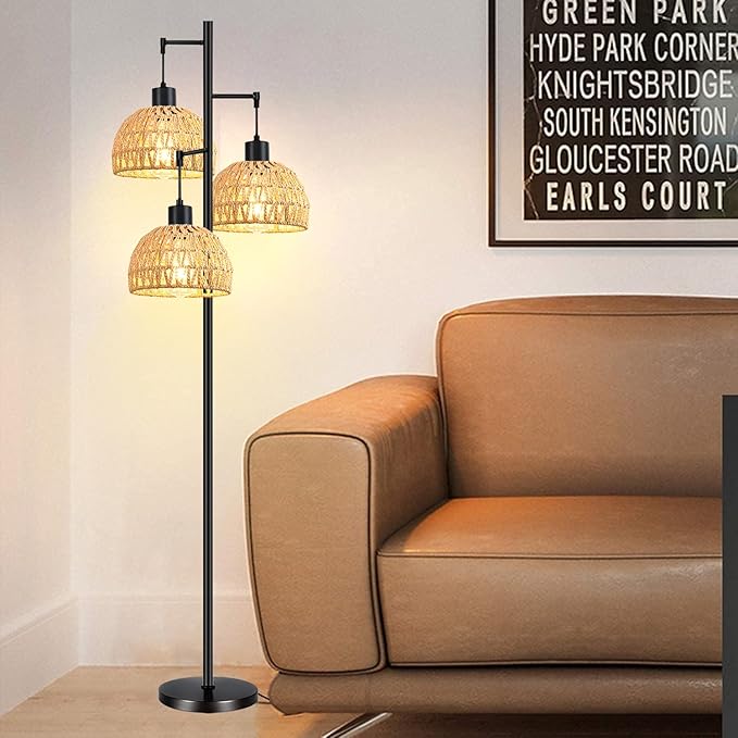 Tree 3-Lights Floor Lamp for Living Room,Bedroom,Rattan Boho Floor Lights,Industrial Black Farmhouse Standing Lamp Wicker Rustic Adjustable Tall Lamp,Woven Bamboo LampShade Floor Lamps Bohemian - LeafyLoom