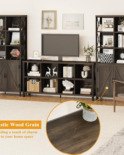 FATORRI Bookshelf with Doors, Rustic Wood Bookcase with Cabinet, Industrial Tall Cubby Book Shelf and Cube Organizer Shelf for Living Room (Walnut Brown) - LeafyLoom