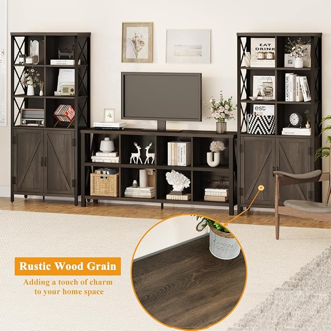FATORRI Bookshelf with Doors, Rustic Wood Bookcase with Cabinet, Industrial Tall Cubby Book Shelf and Cube Organizer Shelf for Living Room (Walnut Brown) - LeafyLoom