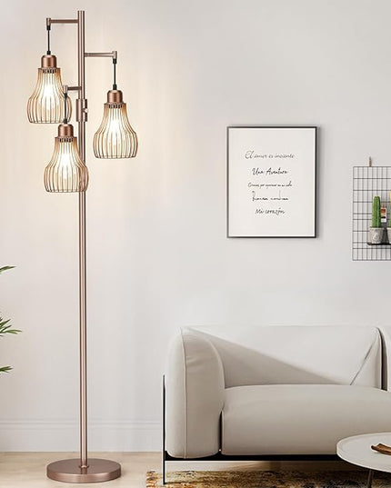 Dimmable Floor Lamps for Living Room, Industrial Tree Standing Tall Lamps with 3 Elegant Cage Shade & 800 Lumens LED Bulbs for Bedroom Office - Brown - LeafyLoom
