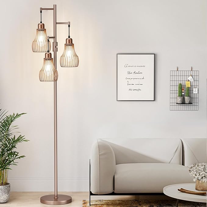 Dimmable Floor Lamps for Living Room, Industrial Tree Standing Tall Lamps with 3 Elegant Cage Shade & 800 Lumens LED Bulbs for Bedroom Office - Brown - LeafyLoom