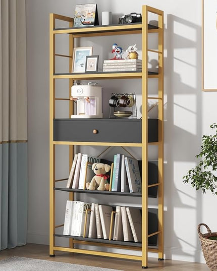 Bookshelf with Drawers- 60'' Wide Industrial Book Shelf with Bookend, 5 Tiers Tall Storage Shelves, Steel Frame Display Rack, Suitable for Bedroom, Office, Living Room-27'' Depth Black - LeafyLoom