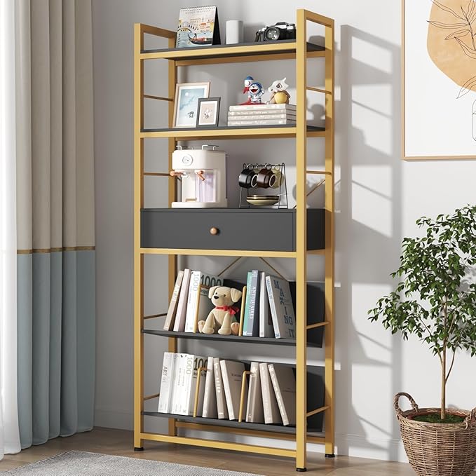Bookshelf with Drawers- 60'' Wide Industrial Book Shelf with Bookend, 5 Tiers Tall Storage Shelves, Steel Frame Display Rack, Suitable for Bedroom, Office, Living Room-27'' Depth Black - LeafyLoom
