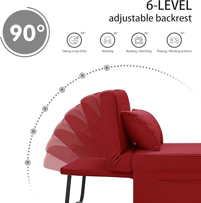 Sofa Bed, 4 in 1 Multi-Function Folding Ottoman Breathable Linen Couch Bed with Adjustable Backrest Modern Convertible Chair for Living Room Apartment Office,Squared-Linen Red - LeafyLoom