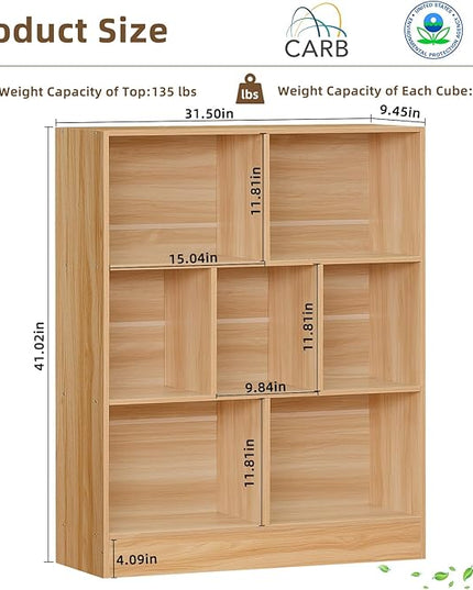 LEYAOYAO 7 Cube Bookshelf with Base,3 Tier Mid-Century Modern Natural Bookcase,Standing Wide Bookshelves Storage Organizer Shelf,Rustic Wood Display Cabinet Book Shelves for Bedroom,Living Room,Office - LeafyLoom