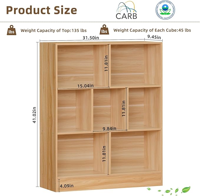 LEYAOYAO 7 Cube Bookshelf with Base,3 Tier Mid-Century Modern Natural Bookcase,Standing Wide Bookshelves Storage Organizer Shelf,Rustic Wood Display Cabinet Book Shelves for Bedroom,Living Room,Office - LeafyLoom