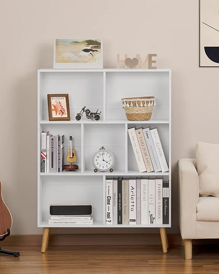 YAHARBO White Bookshelf,3 Tier Book Shelf with Legs, 7 Cube Minimalist Bookcase,Storage Organizer Shelves Display Bookcases for Bedroom,Living Room - LeafyLoom