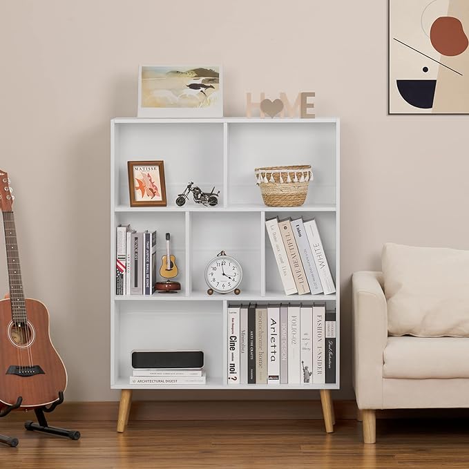 YAHARBO White Bookshelf,3 Tier Book Shelf with Legs, 7 Cube Minimalist Bookcase,Storage Organizer Shelves Display Bookcases for Bedroom,Living Room - LeafyLoom