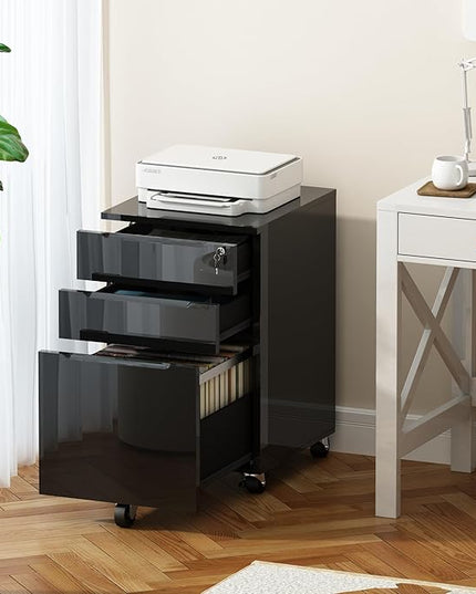 ChooChoo High Glossy File Cabinet with Lock,3 Drawer Rolling Filing Cabinet Fits Legal Size/A4/Letter, Under Desk File Cabinet with Hook for Home Office, Black - LeafyLoom