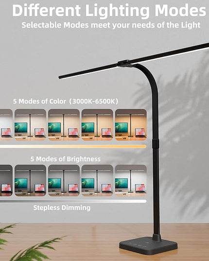 Otdair LED Desk Lamp for Home Office with Wireless Charger, 5 Modes 24W Double Head Flexible Gooseneck Eye-Caring Reading Study Light, Architect Light 5 Brightness Adjustable with Timer (Black) - LeafyLoom
