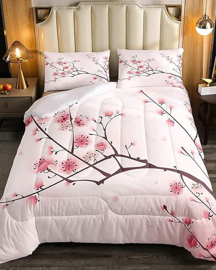 Erosebridal Cherry Blossoms Comforter Set King, Girl Pink Floral Down Comforter, Japanese Spring Bedding Set, Pale Pink Blossom Petal Quilted Duvet,Branch Floral Duvet Set for Women men,Girly Romantic - LeafyLoom