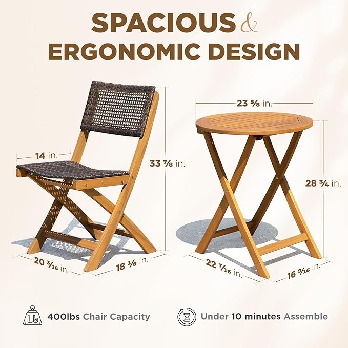 Wood Wicker Design Heavy Duty 400lbs Capacity Premium Patio Bistro Set 3 Piece Outdoor, Onesize - LeafyLoom