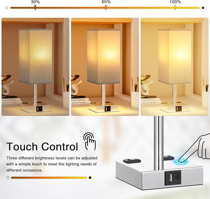 aooshine Touch Bedside Table Lamp set of 2-3-Way Dimmable Night Lamp with USB A + Type C Charging Ports and two AC Outlets, Small Desk Light with E26 LED Bulb for Bedroom Living Room Dorm Office - LeafyLoom