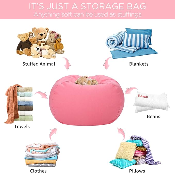 Aubliss Stuffed Animal Bean Bag Storage Chair (Solid Pink, Medium (32'')) - LeafyLoom