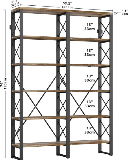 IRONCK Bookshelves Double Wide 6-Tier 76" H, Open Large Bookcase, Industrial Style Shelves for Home Office, Easy Assembly - LeafyLoom