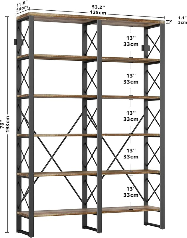 IRONCK Bookshelves Double Wide 6-Tier 76" H, Open Large Bookcase, Industrial Style Shelves for Home Office, Easy Assembly - LeafyLoom
