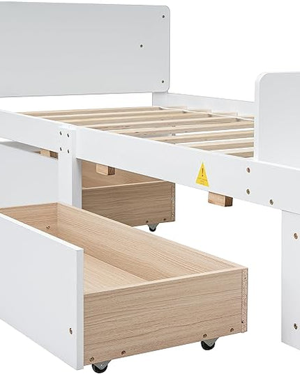 Twin Bed with 2 Drawers,Storage Platform Bed with Footboard Beach and Headboard,Pine Wood Twin Size Bed Frame High Stable for Kids,Boys,Girls,Teens, No Box Spring Needed,White - LeafyLoom