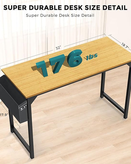 JHK Computer Small Desk Office 32 Inch Writing Work Kids Study Simple Wooden Table for Home Bedroom Modern Style with Headphone Hooks & Storage Bag, Nature - LeafyLoom