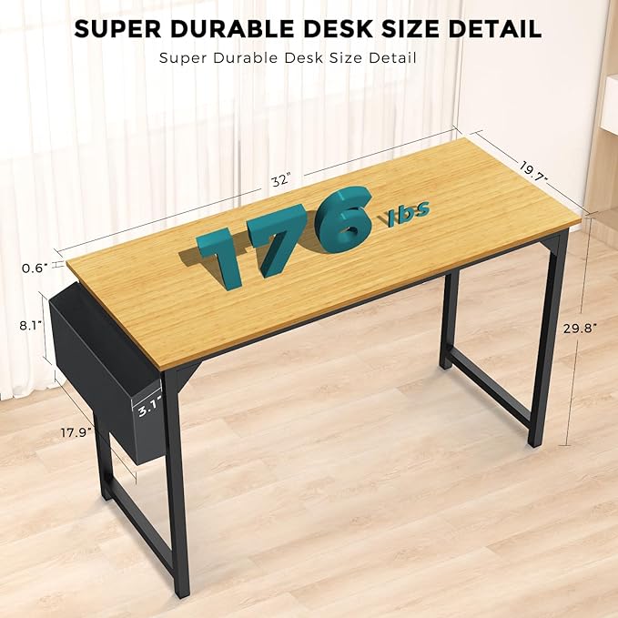 JHK Computer Small Desk Office 32 Inch Writing Work Kids Study Simple Wooden Table for Home Bedroom Modern Style with Headphone Hooks & Storage Bag, Nature - LeafyLoom