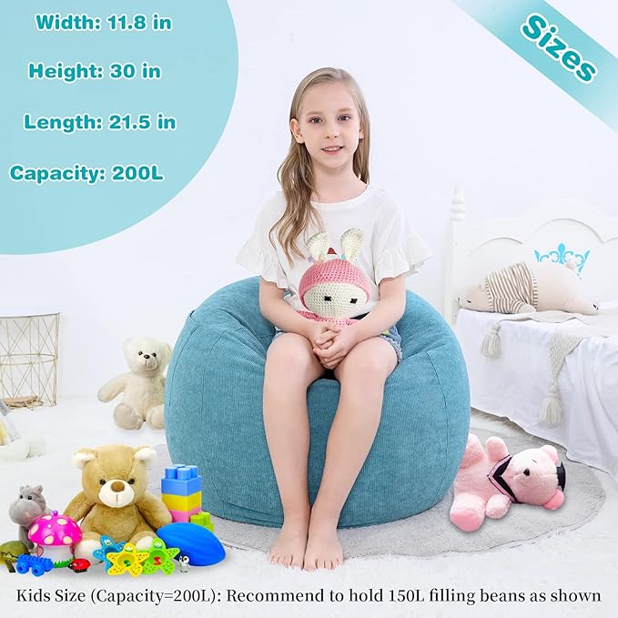Stuffed Animal Storage Bean Bag Chair Cover (No Filler) for Kids and Adults.Soft Premium Corduroy Stuffable Beanbag for Organizing Children Plush Toys or Memory Foam Small 100L(LightBlue) - LeafyLoom