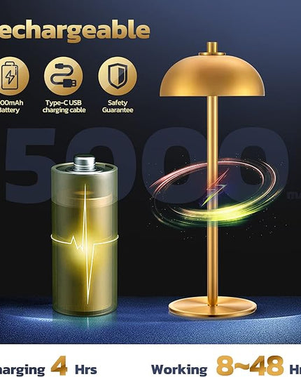 2 Pack Cordless Table Lamp, 5000mAh Portable Rechargeable Table Lamp, 3 Color Modes Stepless Dimming Table Light with Memory Function, for Dinner, Patio, Home, Restaurant.(Gold) - LeafyLoom
