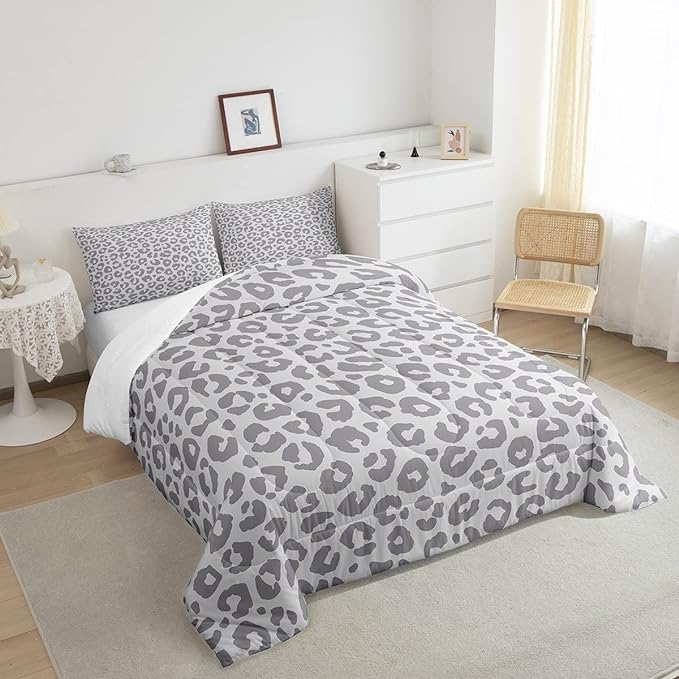 Feelyou Leopard Print Bedding Set Silver Gray Leopard Comforter Set for Boys Girls Kids Cheetah Printed Comforter Africa Wild Animal Skin Theme Duvet Set Room Decor Twin Size Quilt Set 2Pcs - LeafyLoom
