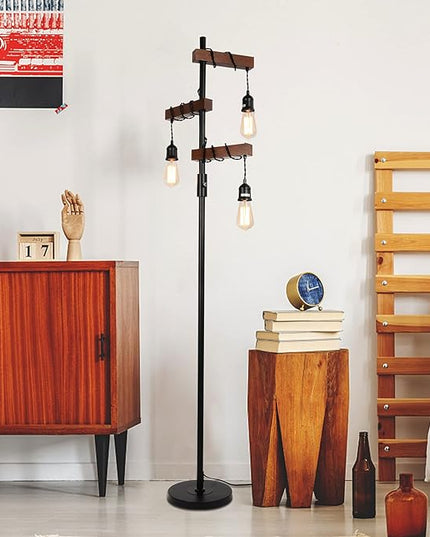 Airposta Industrial Floor Lamp, Farmhouse Tree 68 Inch 3 Lights Wood Standing Lamp, Sturdy Base Tall Vintage Metal Black Pole Light for Living Room Bedroom Office Rustic Home - LeafyLoom
