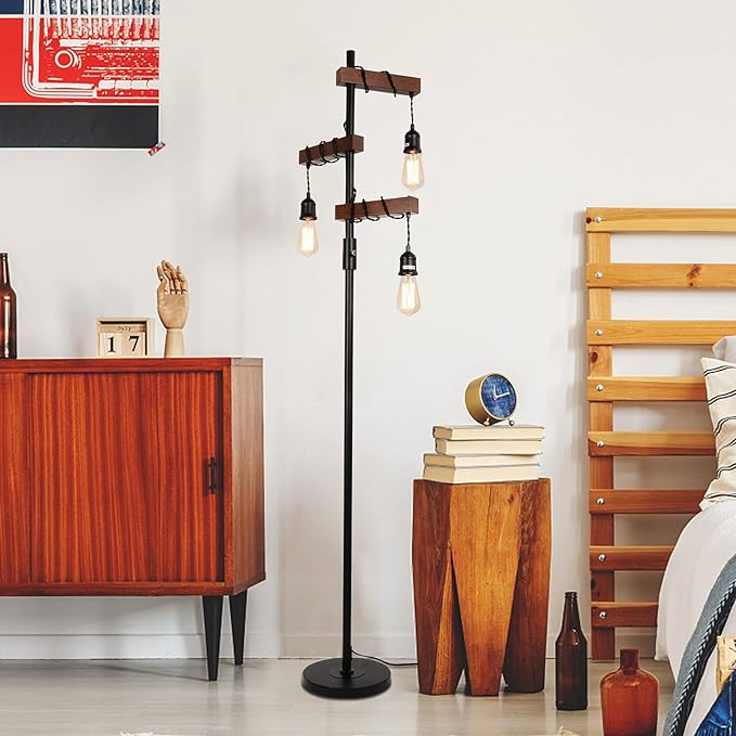 Airposta Industrial Floor Lamp, Farmhouse Tree 68 Inch 3 Lights Wood Standing Lamp, Sturdy Base Tall Vintage Metal Black Pole Light for Living Room Bedroom Office Rustic Home - LeafyLoom