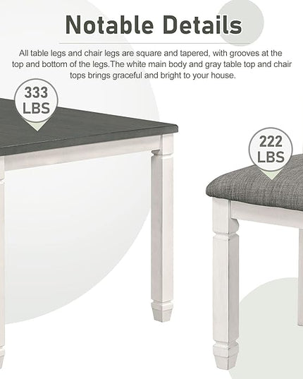 Dining Table Set for 6, Wood Kitchen Table and 6 Upholstered Chairs with Backrest, 7-Piece Kitchen Table and Chairs Set with Shaped Legs for Dining Room/Living Room, Grey+White - LeafyLoom