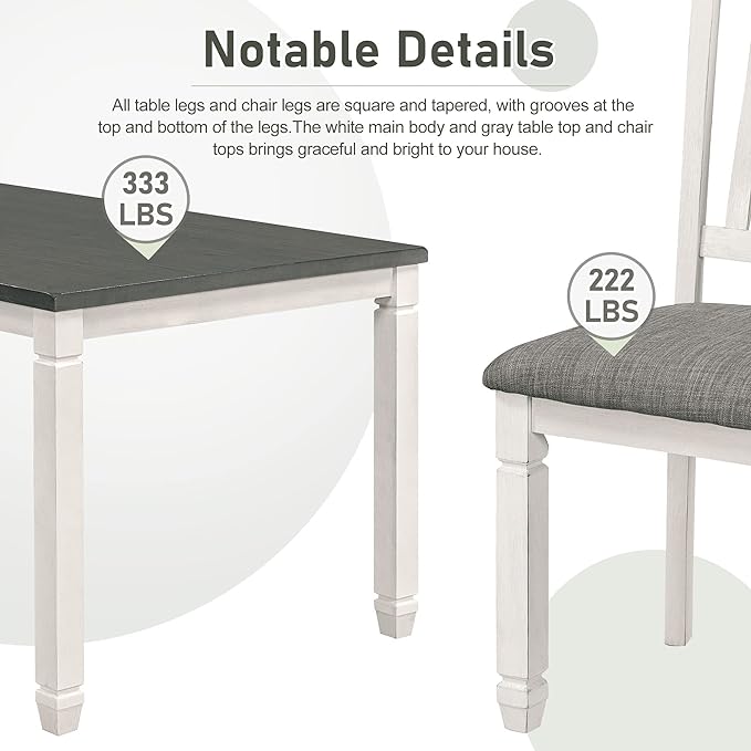 Dining Table Set for 6, Wood Kitchen Table and 6 Upholstered Chairs with Backrest, 7-Piece Kitchen Table and Chairs Set with Shaped Legs for Dining Room/Living Room, Grey+White - LeafyLoom