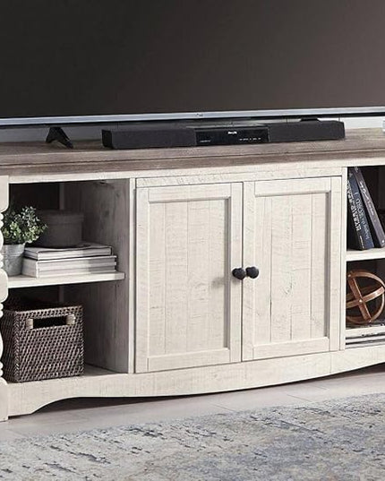 Signature Design by Ashley Havalance Farmhouse TV Stand Fits TVs up to 65", 2 Door Cabinet and Shelves For Storage, Vintage White & Weathered Gray - LeafyLoom