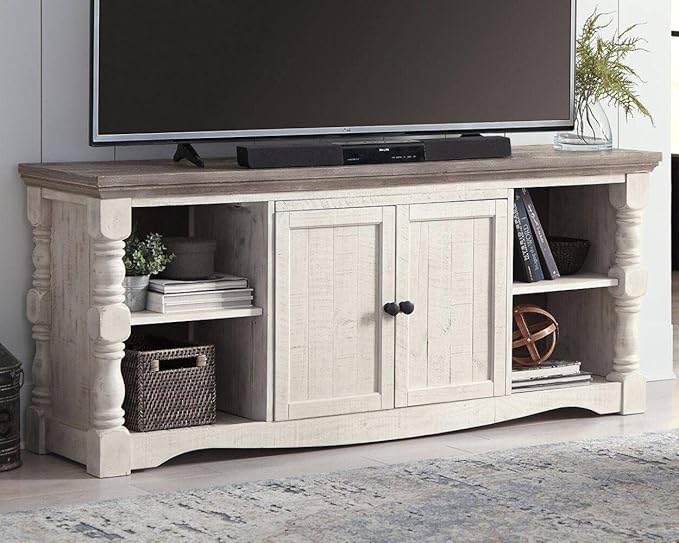 Signature Design by Ashley Havalance Farmhouse TV Stand Fits TVs up to 65", 2 Door Cabinet and Shelves For Storage, Vintage White & Weathered Gray - LeafyLoom