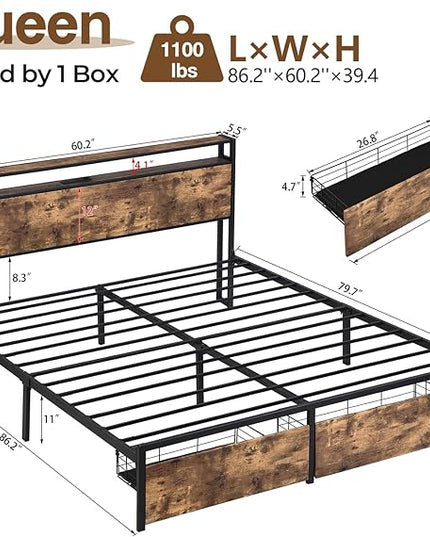 LED Queen Bed Frame with 2 Storage Drawers & Headboard, Platform Metal Bed Frame with Charging Station, Noise-Free, No Box Spring Needed, Vintage Brown - LeafyLoom