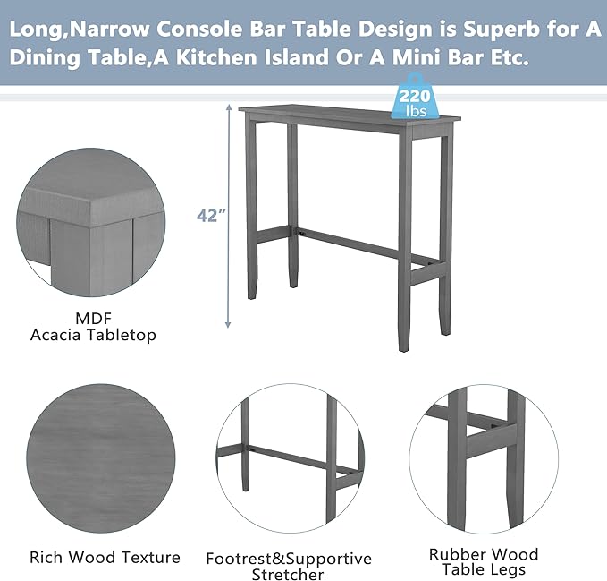 Farmhouse Style Rectangular Breakfast Nook with 2 Chairs, Solid Wood Multifunctional Bar Room, Kitchen, Small Place, 3 Piece Dining Table Set, Gray 6 - LeafyLoom
