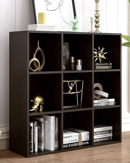9-Cube Storage Shelf Bookcase - Wooden 3-Tier Free Standing Open Bookshelf for Home and Office, Organizer Cabinet in Black - LeafyLoom