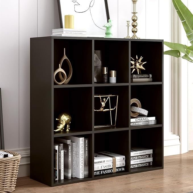 9-Cube Storage Shelf Bookcase - Wooden 3-Tier Free Standing Open Bookshelf for Home and Office, Organizer Cabinet in Black - LeafyLoom