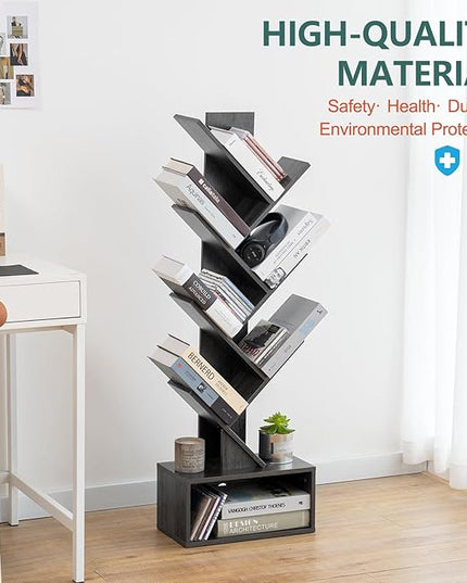 Yoobure Tree Bookshelf - 6 Shelf Retro Floor Standing Bookcase, Tall Wood Book Storage Rack for CDs/Movies/Books, Utility Book Organizer Shelves for Bedroom, Living Room, Home Office, Dark Grey - LeafyLoom