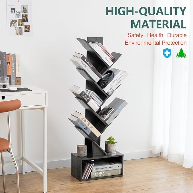 Yoobure Tree Bookshelf - 6 Shelf Retro Floor Standing Bookcase, Tall Wood Book Storage Rack for CDs/Movies/Books, Utility Book Organizer Shelves for Bedroom, Living Room, Home Office, Dark Grey - LeafyLoom