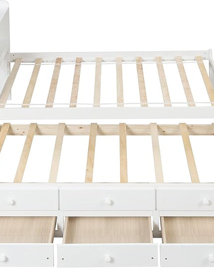 Platform Bed Twin Size with Bookcase Headboard, Trundle and 3 Drawers, Wooden Storage Bedframe for Kids Teens Adults Bedroom - LeafyLoom