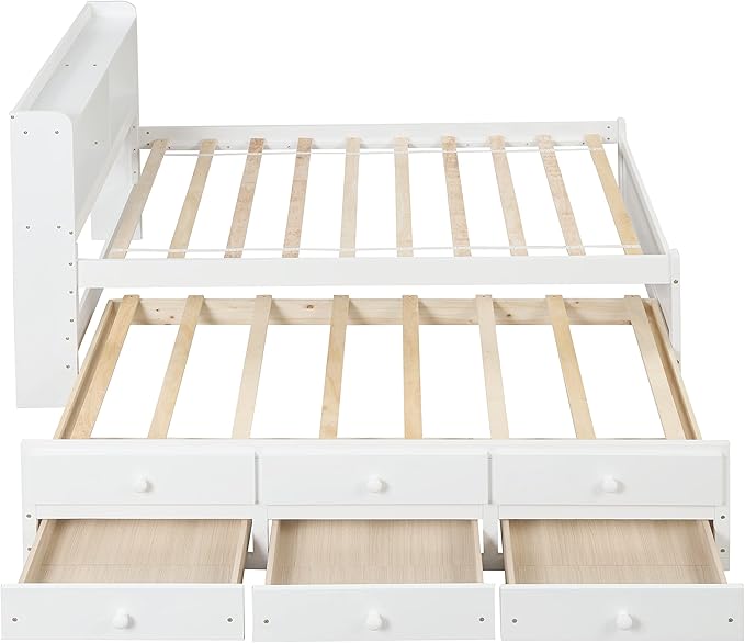 Platform Bed Twin Size with Bookcase Headboard, Trundle and 3 Drawers, Wooden Storage Bedframe for Kids Teens Adults Bedroom - LeafyLoom