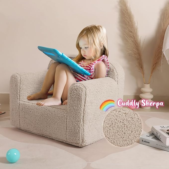 Kids Snuggly-Soft Sherpa Chair, Cuddly Toddler Foam Chair for Boys and Girls, Light Grey - LeafyLoom