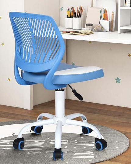 FurnitureR Desk Chair Small Study Chairs Armless for Child Kids Teens, Swivel Rolling Lightweight Task Chair with Wheels and Pu Leather Padded Cushion, Blue/White - LeafyLoom