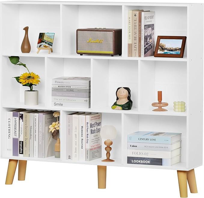 YAHARBO 10 Cube White Bookshelf,3 Tier Book Shelf with Legs,Modern Minimalist Bookcase,Open Book Shelves Storage Organizer,Frees Standing Wooden Display Bookcases for Small Space,Bedroom,Living Room - LeafyLoom